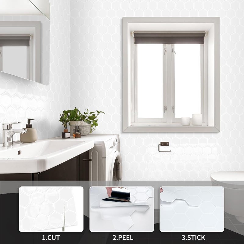 MOONFUN White Hexagon Peel and Stick Backsplash,12" x 12" Self Adhesive Back Splash Honeycomb Stick on Wall Tile for Kitchen,Bathroom,Fireplace,RV(10 Sheets) - Image 3